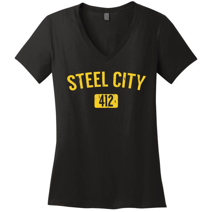 Pittsburgh Pennsylvania Steel City Black And Gold Women's V-Neck T-Shirt