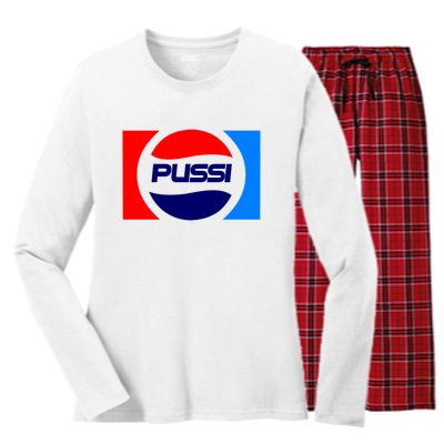 Pussi Parody Spoof Logo Offensive Women's Long Sleeve Flannel Pajama Set 