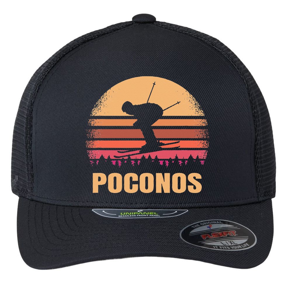 Poconos Pennsylvania Skier Vintage PA Skiing 80s Ski Resort Flexfit Unipanel Trucker Cap