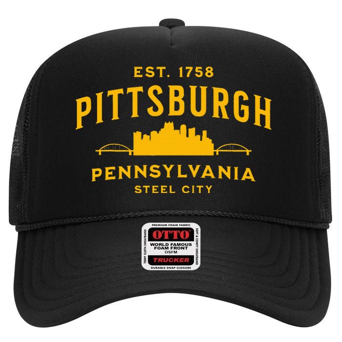 Pittsburgh Pennsylvania Steel City Skyline Bridges Home 412 High Crown Mesh Back Trucker Hat