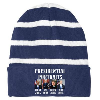 Presidential Portraits Trump More Jobs Obama No Jobs Bush Striped Beanie with Solid Band