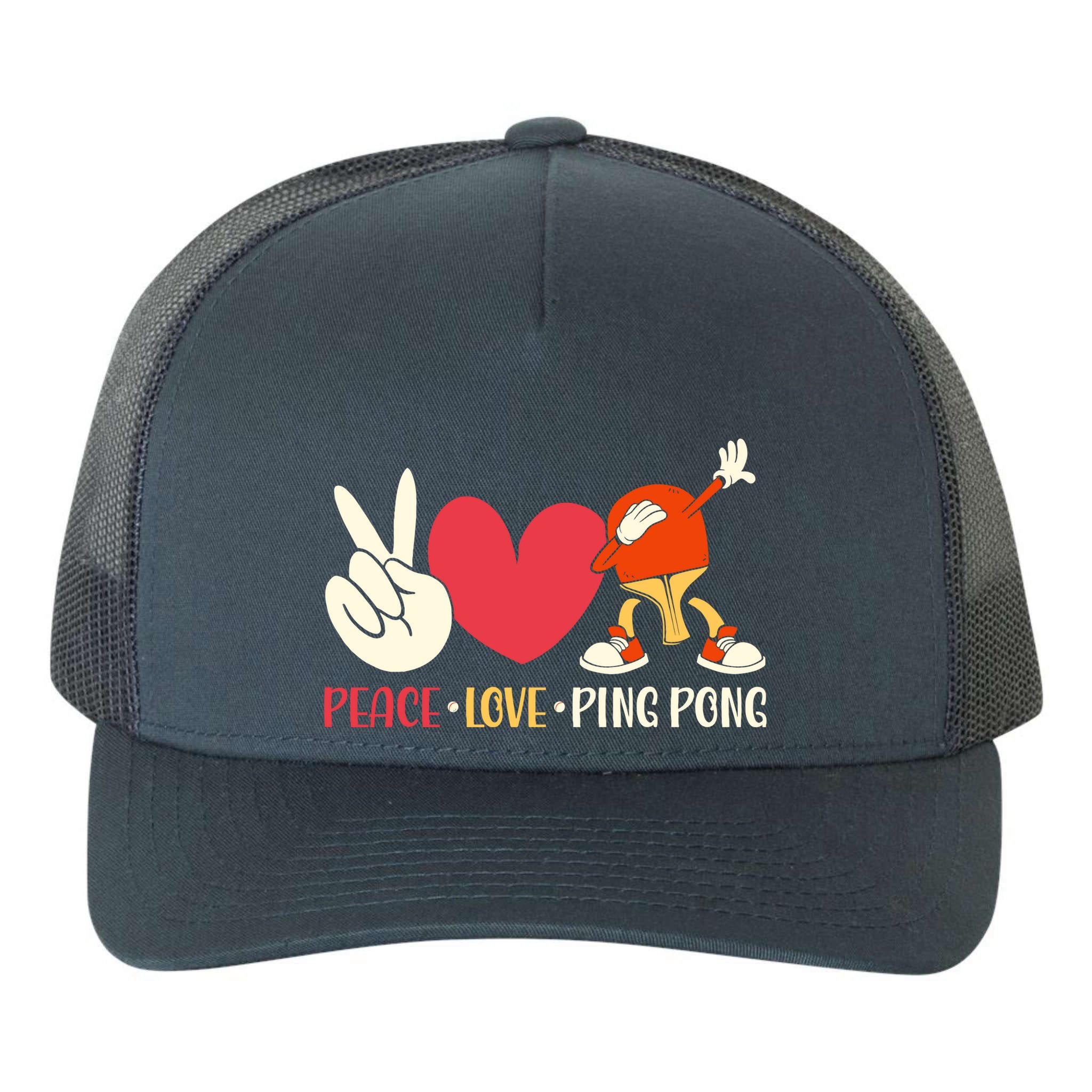 Ping Pong Table Tennis Paddle Peace Love Ping Pong Yupoong Adult 5-Panel Trucker Hat