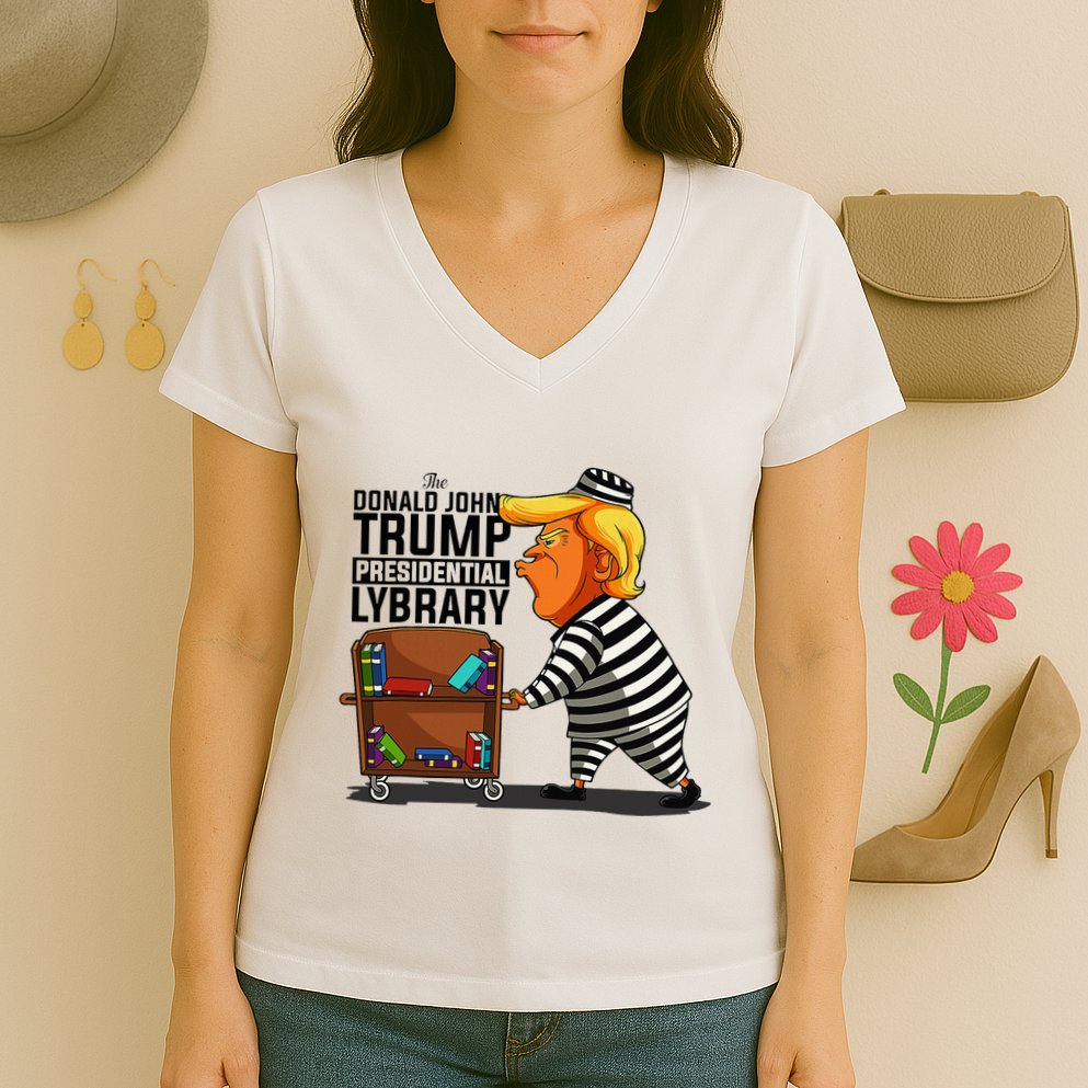 Prison Prisoner Trump Presidential Library Funny Anti Trump Women's V-Neck T-Shirt
