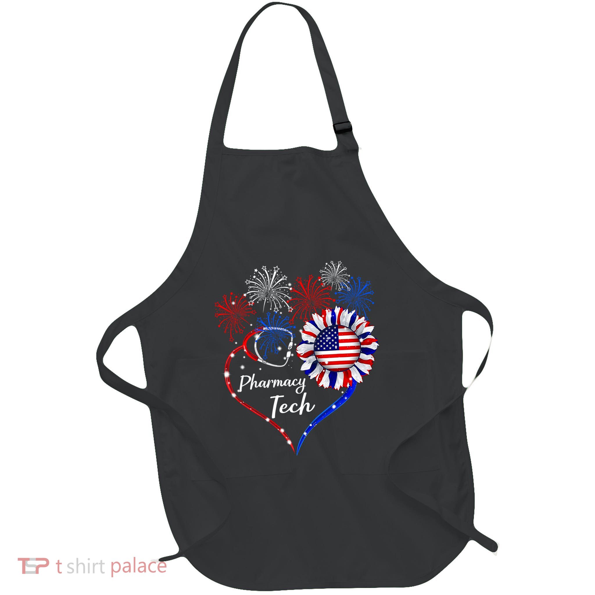 Patriotic Pharmacy Tech Sunflower 4th Of July American Flag Full-Length Apron With Pockets