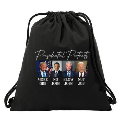 Presidential Portraits Trump More Jobs Obama No Jobs Bush Drawstring Bag