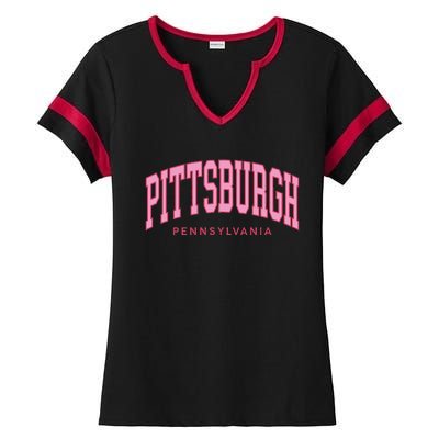 Pittsburgh Pink Text Retro Preppy Throwback Ladies Halftime Notch Neck Tee