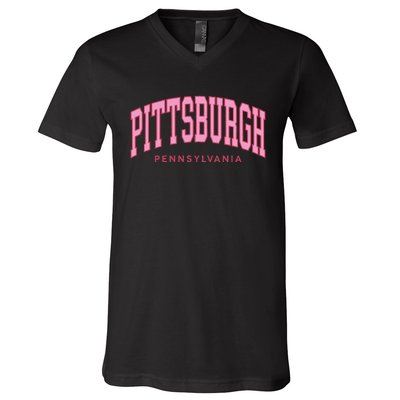 Pittsburgh Pink Text Retro Preppy Throwback V-Neck T-Shirt