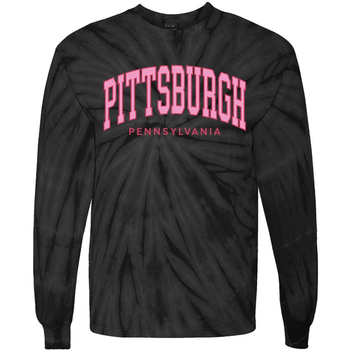 Pittsburgh Pink Text Retro Preppy Throwback Tie-Dye Long Sleeve Shirt