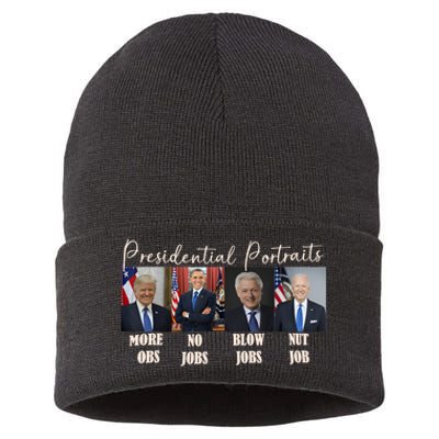 Presidential Portraits Trump More Jobs Obama No Jobs Bush Sustainable Knit Beanie