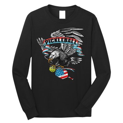 Pickleball Player Usa American Flag Eagle Vintage Graphic Long Sleeve Shirt