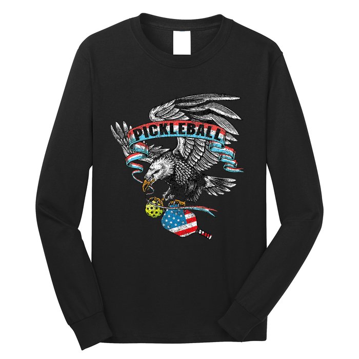 Pickleball Player Usa American Flag Eagle Vintage Graphic Long Sleeve Shirt