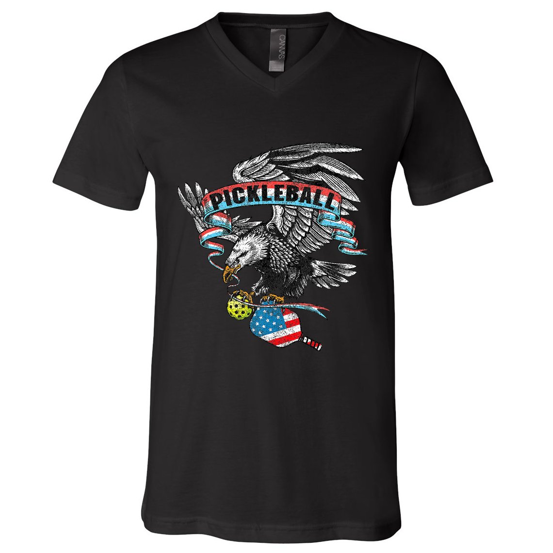 Pickleball Player Usa American Flag Eagle Vintage Graphic V-Neck T-Shirt