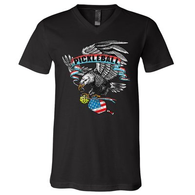 Pickleball Player Usa American Flag Eagle Vintage Graphic V-Neck T-Shirt