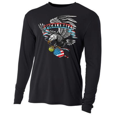 Pickleball Player Usa American Flag Eagle Vintage Graphic Cooling Performance Long Sleeve Crew