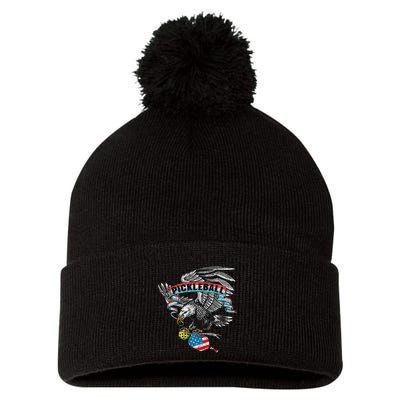 Pickleball Player Usa American Flag Eagle Vintage Graphic Pom Pom 12in Knit Beanie