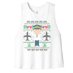 Plane Pilot Ugly Christmas Airplane Operator Aviator Meaningful Gift Women's Racerback Cropped Tank