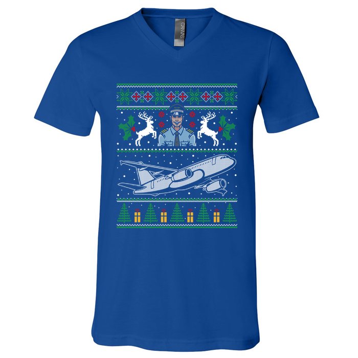 Plane Pilot Ugly Christmas Airplane Operator Aviator Gift V-Neck T-Shirt