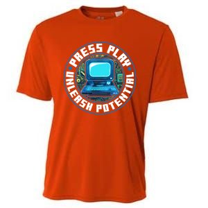 Press Play Unleash Potential Quote Computer Gaming Lovers Cool Gift Cooling Performance Crew T-Shirt