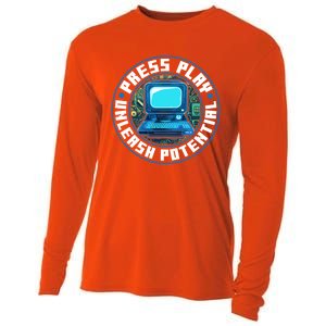 Press Play Unleash Potential Quote Computer Gaming Lovers Cool Gift Cooling Performance Long Sleeve Crew