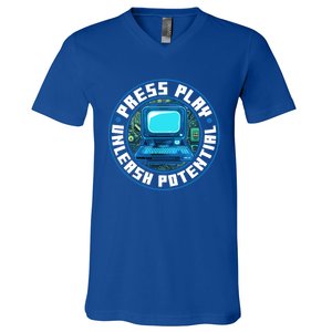 Press Play Unleash Potential Quote Computer Gaming Lovers Cool Gift V-Neck T-Shirt