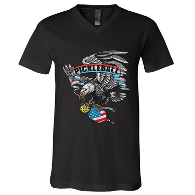 Pickleball Player Usa American Flag Eagle Vintage Graphic V-Neck T-Shirt