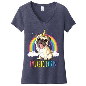 Pugicorn Pug Unicorn Girl Kids Space Galaxy Rainbow Women's V-Neck T-Shirt