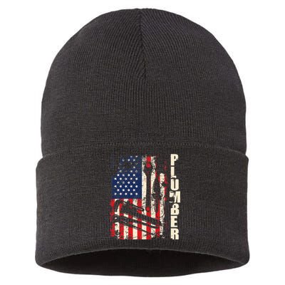 Patriotic Plumber US Flag Plumbing Handyman Pipe Fitter Sustainable Knit Beanie