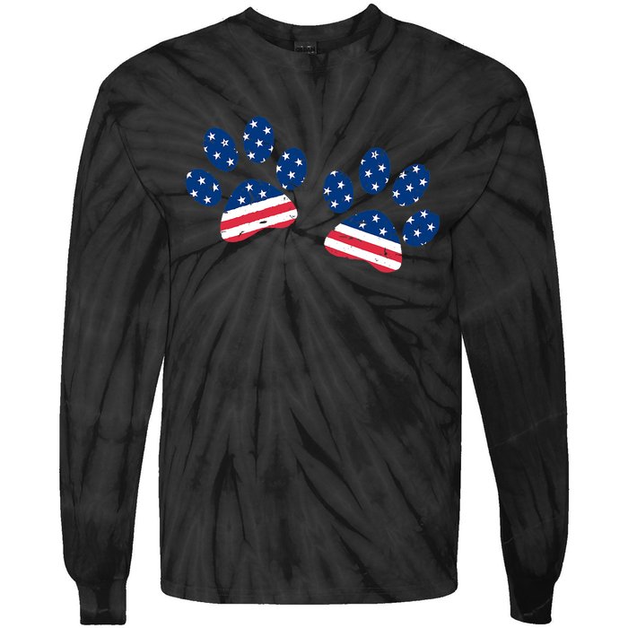 Paw Print USA Flag I Love Dogs Patriotic 4th Of July Tie-Dye Long Sleeve Shirt