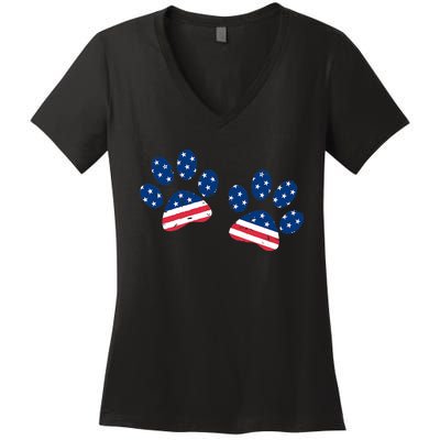 Paw Print USA Flag I Love Dogs Patriotic 4th Of July Women's V-Neck T-Shirt