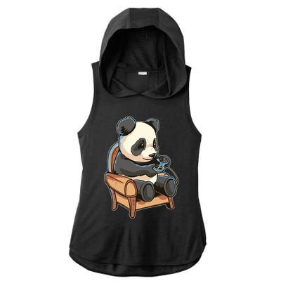 Panda Playing Videogames Ladies PosiCharge Tri-Blend Wicking Draft Hoodie Tank