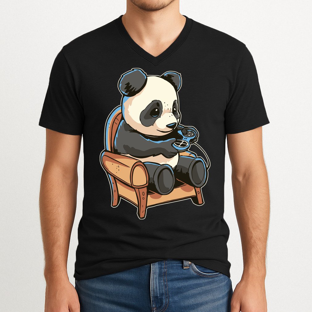 Panda Playing Videogames V-Neck T-Shirt