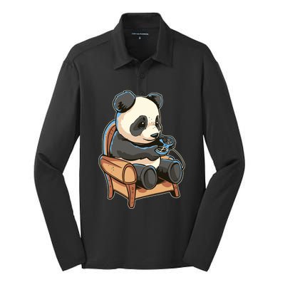 Panda Playing Videogames Silk Touch Performance Long Sleeve Polo