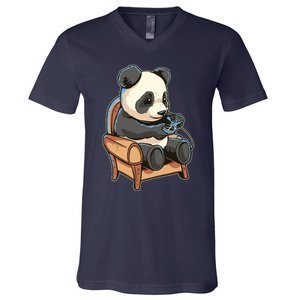 Panda Playing Videogames V-Neck T-Shirt