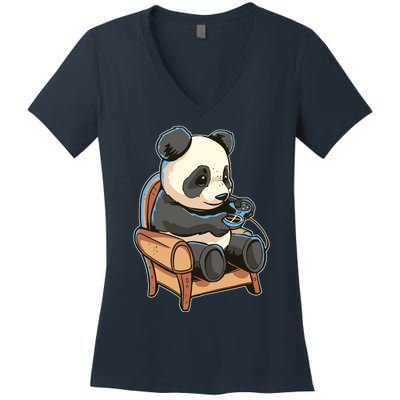 Panda Playing Videogames Women's V-Neck T-Shirt