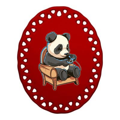 Panda Playing Videogames Ceramic Oval Ornament