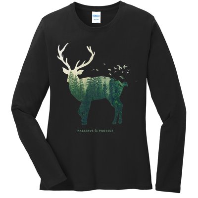 Preserve & Protect Vintage National Park Deer Forest Ladies Long Sleeve Shirt