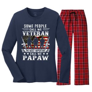 Proud Papaw Veteran American Flag Gifts VeteranS Day Women's Long Sleeve Flannel Pajama Set 