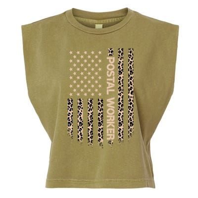 Patriotic Postal Worker American Flag Leopard Print Usa Gift Garment-Dyed Women's Muscle Tee