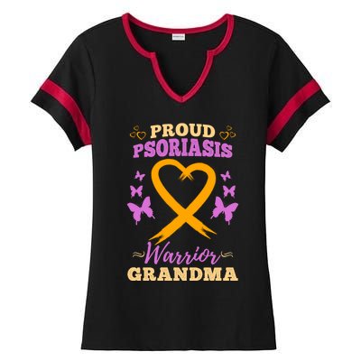 Proud Psoriasis Warrior Grandma Psoriasis Awareness Cute Gift Ladies Halftime Notch Neck Tee