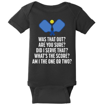 Pickleball Questions 1 Or 2 Who Served Funny Pickleball Baby Bodysuit