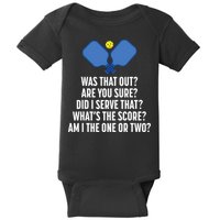 Pickleball Questions 1 Or 2 Who Served Funny Pickleball Baby Bodysuit