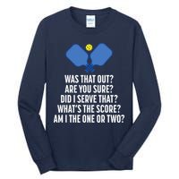 Pickleball Questions 1 Or 2 Who Served Funny Pickleball Tall Long Sleeve T-Shirt