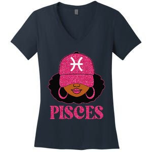 Pisces Queen Birthday Afro Hair Cap Hat Black Women Women's V-Neck T-Shirt