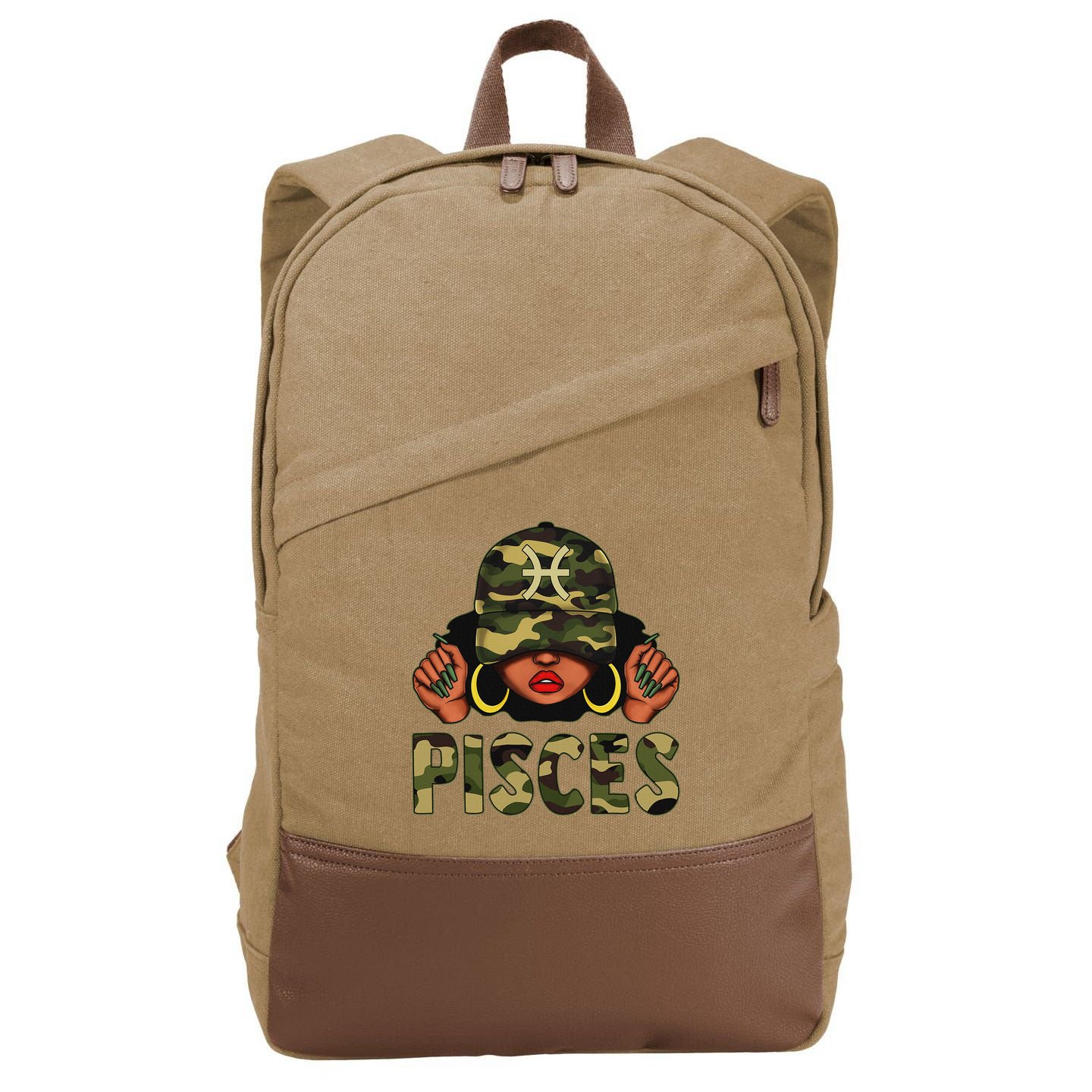 Pisces Queen Black Woman With Cap Camo Afro Girl Zodiac Cotton Canvas Backpack
