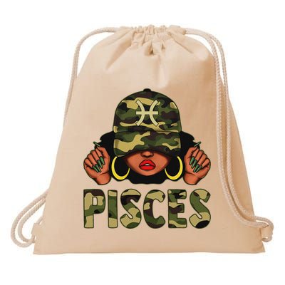 Pisces Queen Black Woman With Cap Camo Afro Girl Zodiac Drawstring Bag