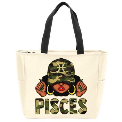 Pisces Queen Black Woman With Cap Camo Afro Girl Zodiac Zip Tote Bag