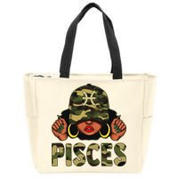 Pisces Queen Black Woman With Cap Camo Afro Girl Zodiac Zip Tote Bag