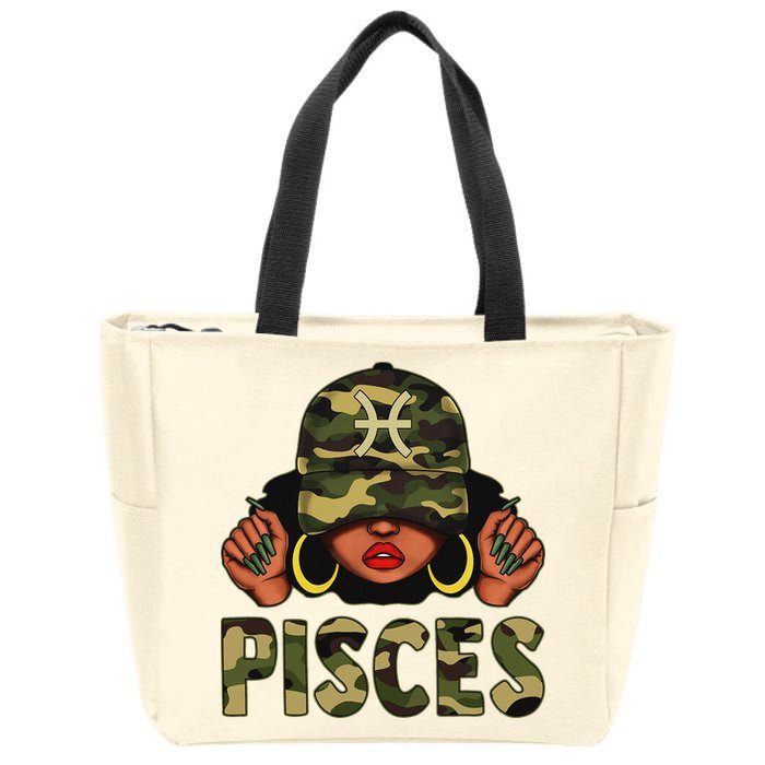 Pisces Queen Black Woman With Cap Camo Afro Girl Zodiac Zip Tote Bag