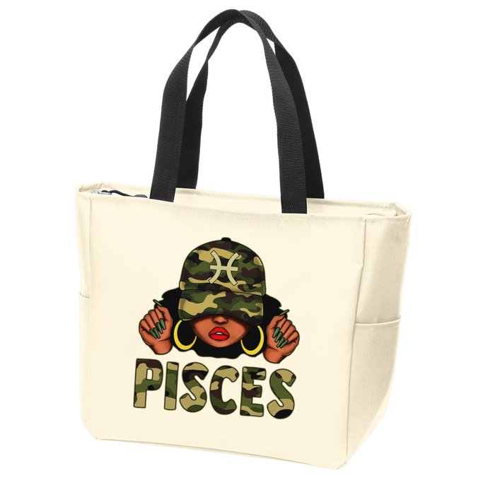 Pisces Queen Black Woman With Cap Camo Afro Girl Zodiac Zip Tote Bag