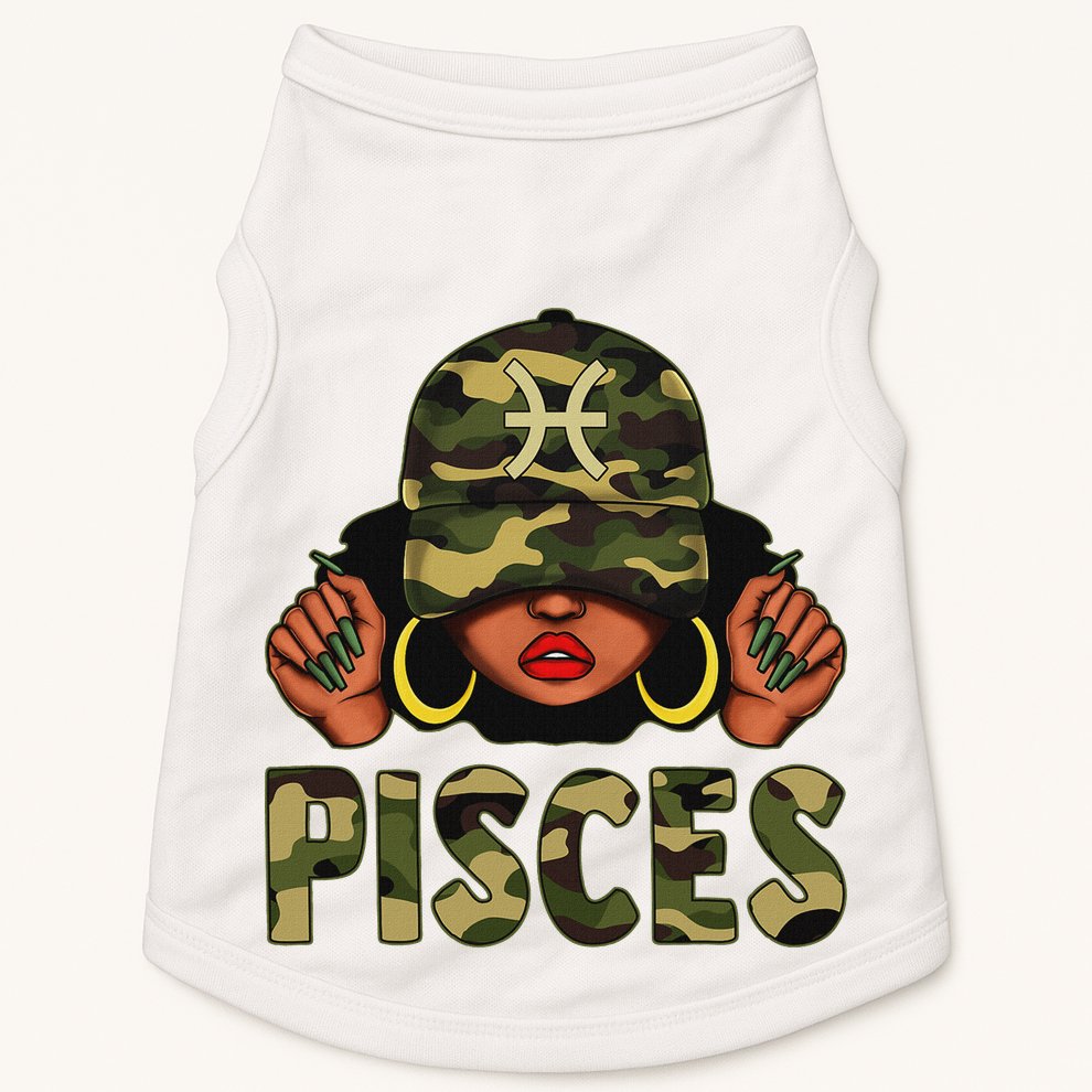 Pisces Queen Black Woman With Cap Camo Afro Girl Zodiac Doggie Tank